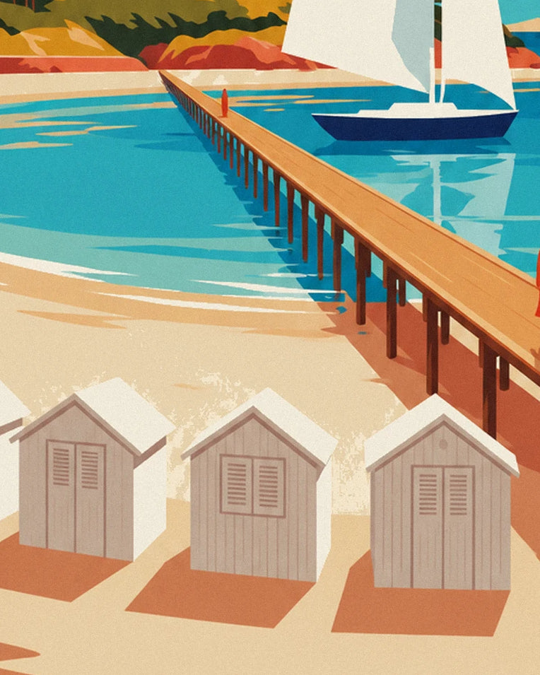 Poster gestreifte Strandkabinen und Steg auf Noirmoutier: Detail in Nahaufnahme