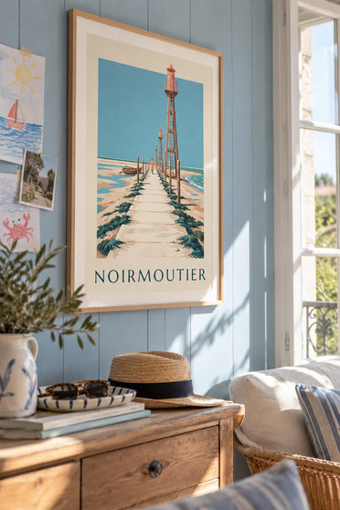 Affiche passage du Gois et barque à Noirmoutier à marée basse : encadrée au mur