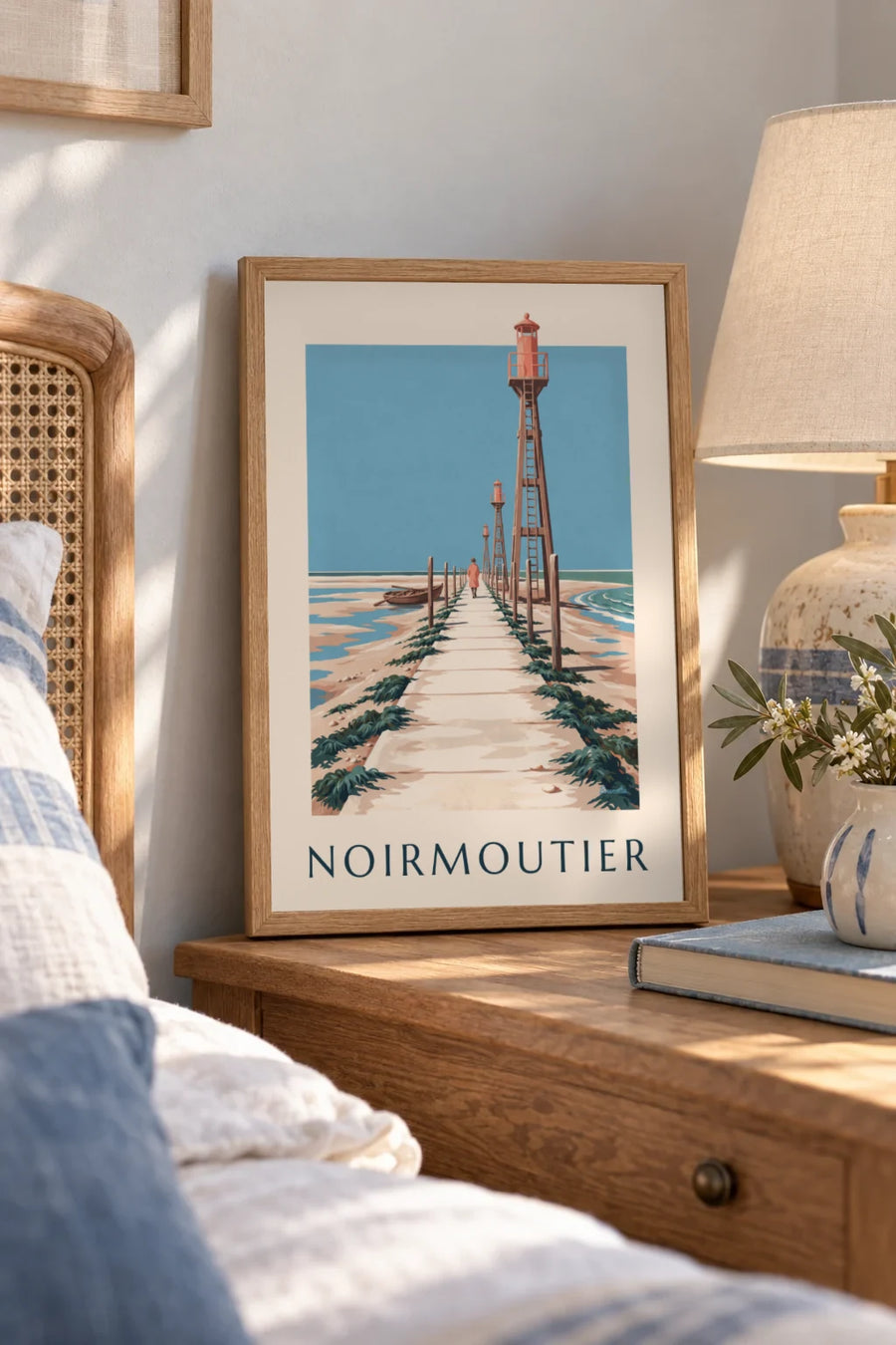Affiche passage du Gois et barque à Noirmoutier à marée basse : petit format A4 encadré