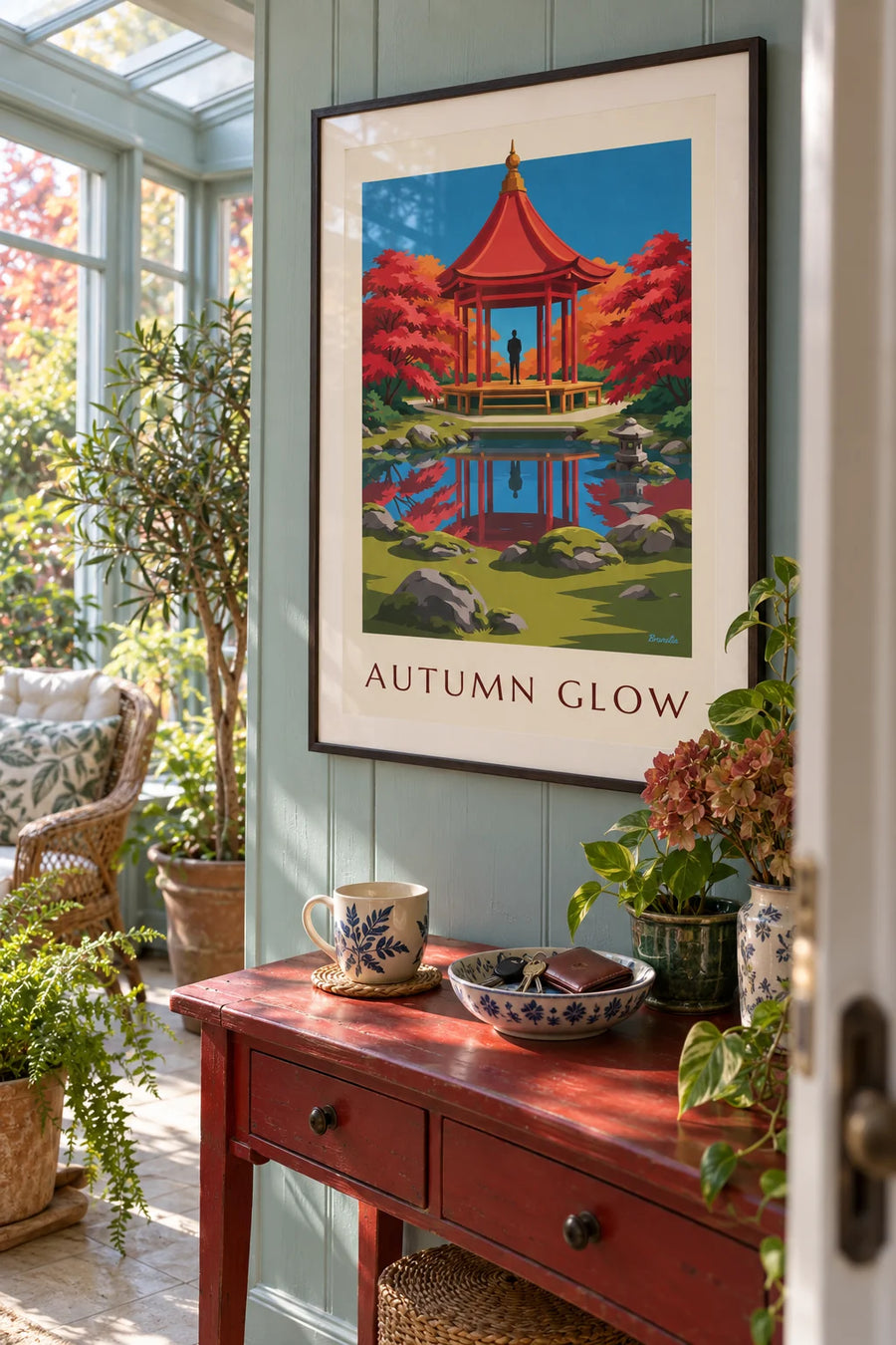 Affiche pavillon rouge et érables d'automne dans un jardin japonais : encadrée au mur