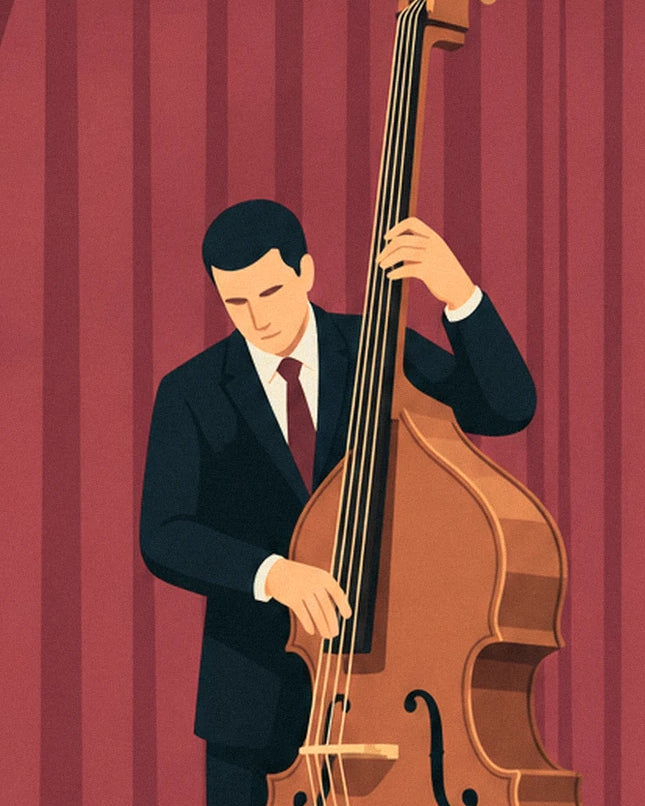 The double bass player in a dark suit and burgundy tie, in front of the red curtain