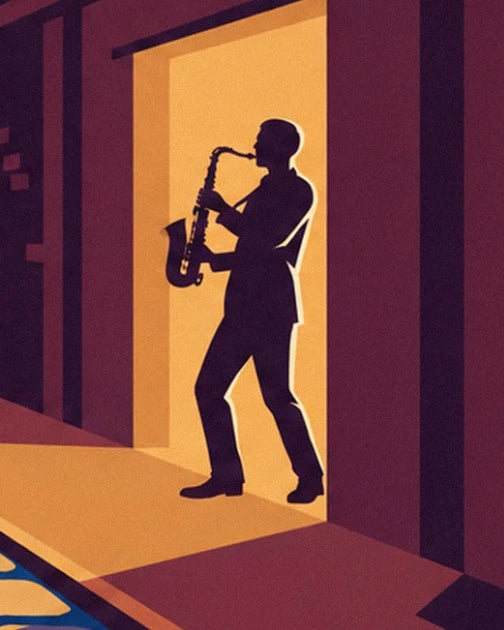 The silhouette of a saxophonist in a doorway bathed in golden light