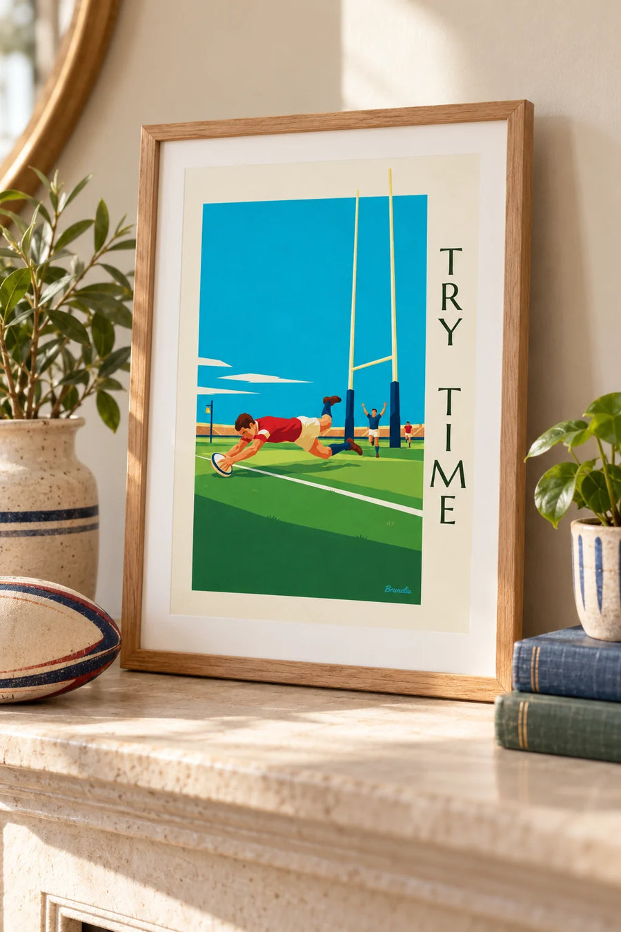 Poster of a rugby player diving to score a try: small framed A4 size