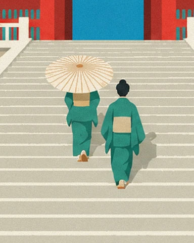 Die 2 Figuren in grünen Kimonos auf den Stufen, mit einem cremefarbenen Sonnenschirm