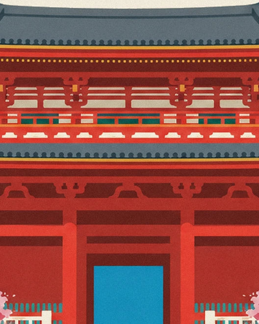 Die zinnoberrote Fassade des Kiyomizu-dera mit ihren roten Balken und grauen Dächern