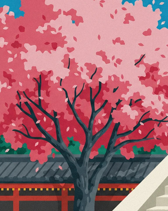 Der Kirschbaum mit dunklen Ästen und rosa Blüten vor dem grauen Tempeldach