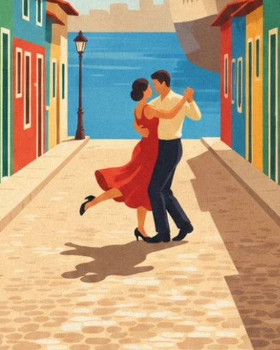 A tango couple in a red dress and a light shirt on a colourful street in La Boca