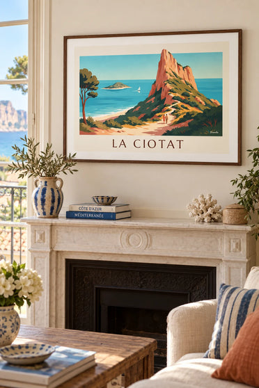 Poster Klippe Bec de l'Aigle und Île Verte in La Ciotat: gerahmt an der Wand