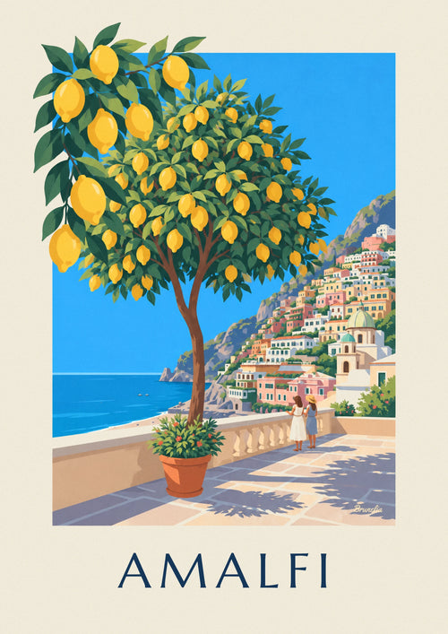 Affiche citrons et village de la côte amalfitaine : l'affiche entière