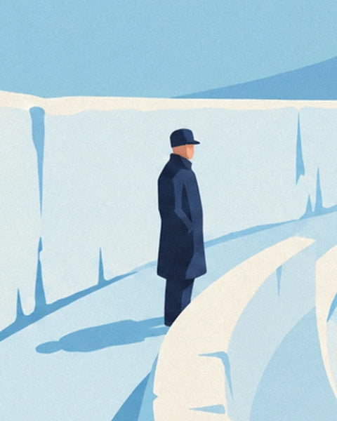 Un homme en long manteau bleu nuit et casquette, mains dans les poches, au bord du mur de glace