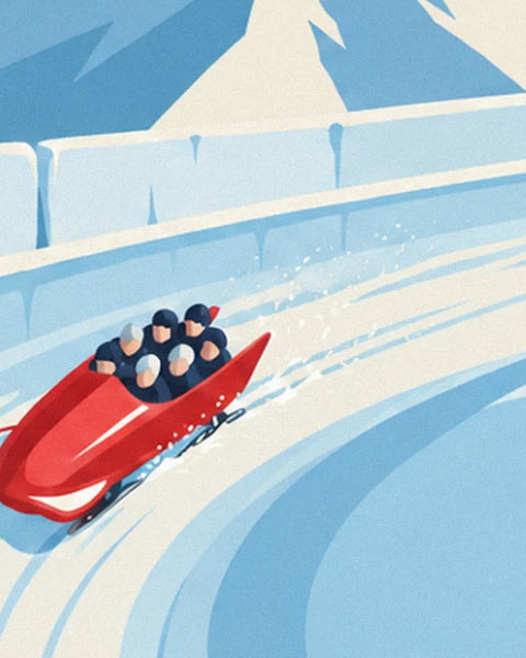 Le bobsleigh rouge lancé dans le virage, son équipage casqué penché dans la glace qui gicle