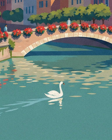 Un cygne blanc qui glisse sur l'eau turquoise du Thiou, sous l'arche d'un pont fleuri