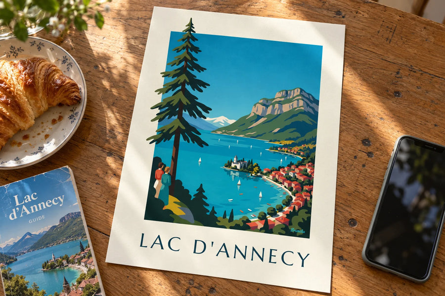 Poster Annecy-See in den Alpen, Segelboote und Tournette: auf einem Tisch