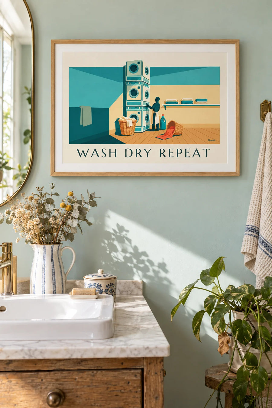 Laundry Room poster with laundry baskets and washing machines: framed on the wall