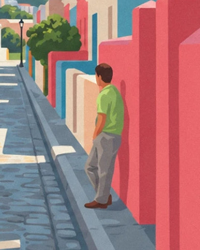 A man in a green polo shirt leaning against the pink wall beside the colourful houses of Bo-Kaap
