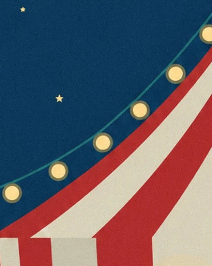 Round bulbs along the red and cream big top, beneath a starry blue sky