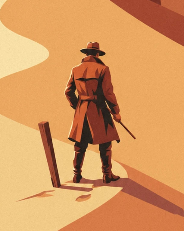 L'aventurier de dos, chapeau et long manteau brun, sur la crête de sable près d'un piquet