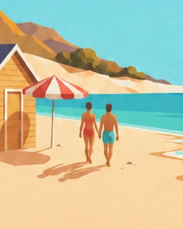 A couple holding hands near a yellow beach hut and a red and white parasol