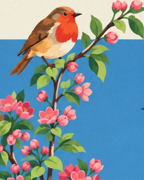 Un rouge-gorge au plumage brun et orangé sur une branche de pommier en fleurs
