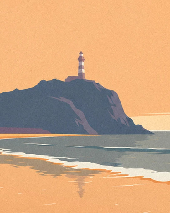 The red and white striped lighthouse on its dark blue rock, beside a calm sea