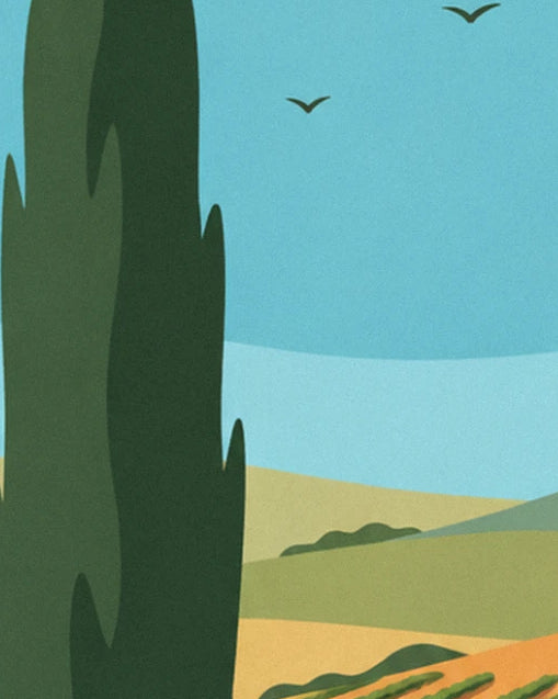Un grand cyprès sombre se découpe sur le ciel bleu, avec 2 oiseaux et des collines vertes au loin