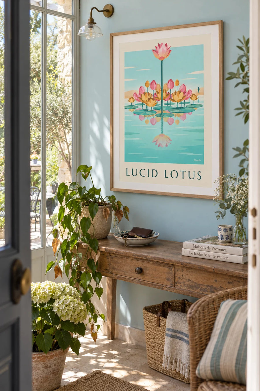 Affiche fleurs de lotus disposées en éventail sur l'eau : encadrée au mur