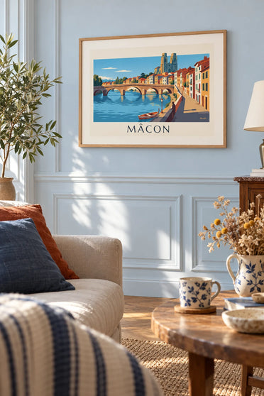 Poster del ponte Saint-Laurent e delle facciate ocra a Mâcon: incorniciato al muro