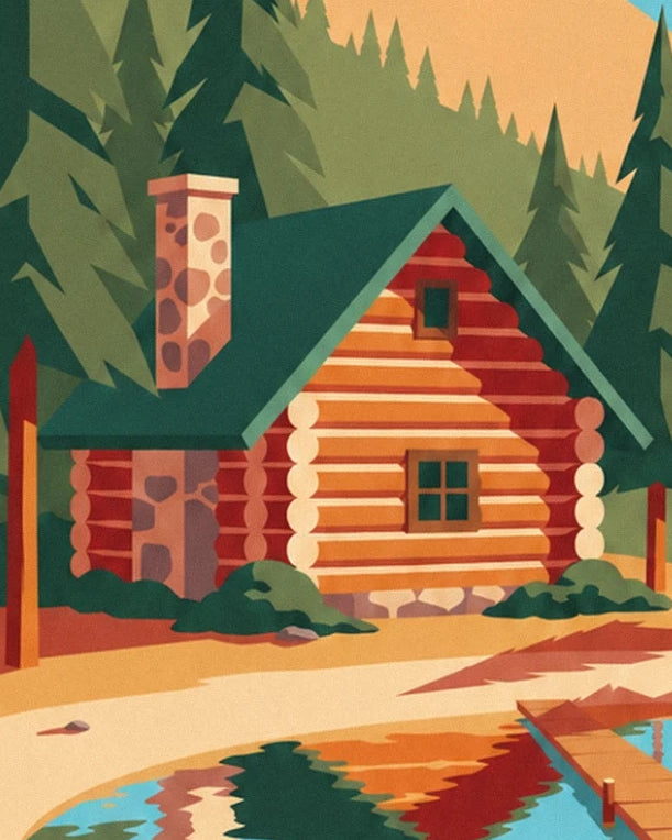 The log cabin with a green roof and stone chimney among the fir trees