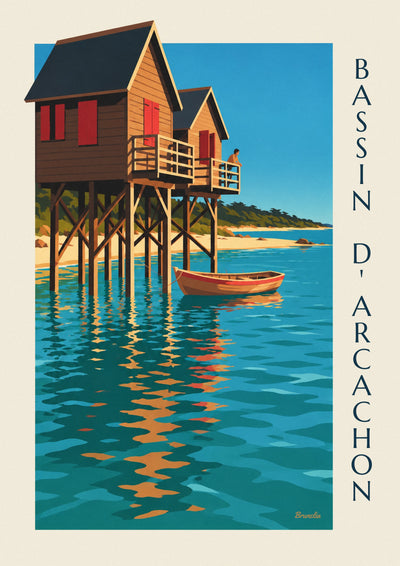 Poster of the stilt-house cabins of Arcachon Bay at dusk: the full poster