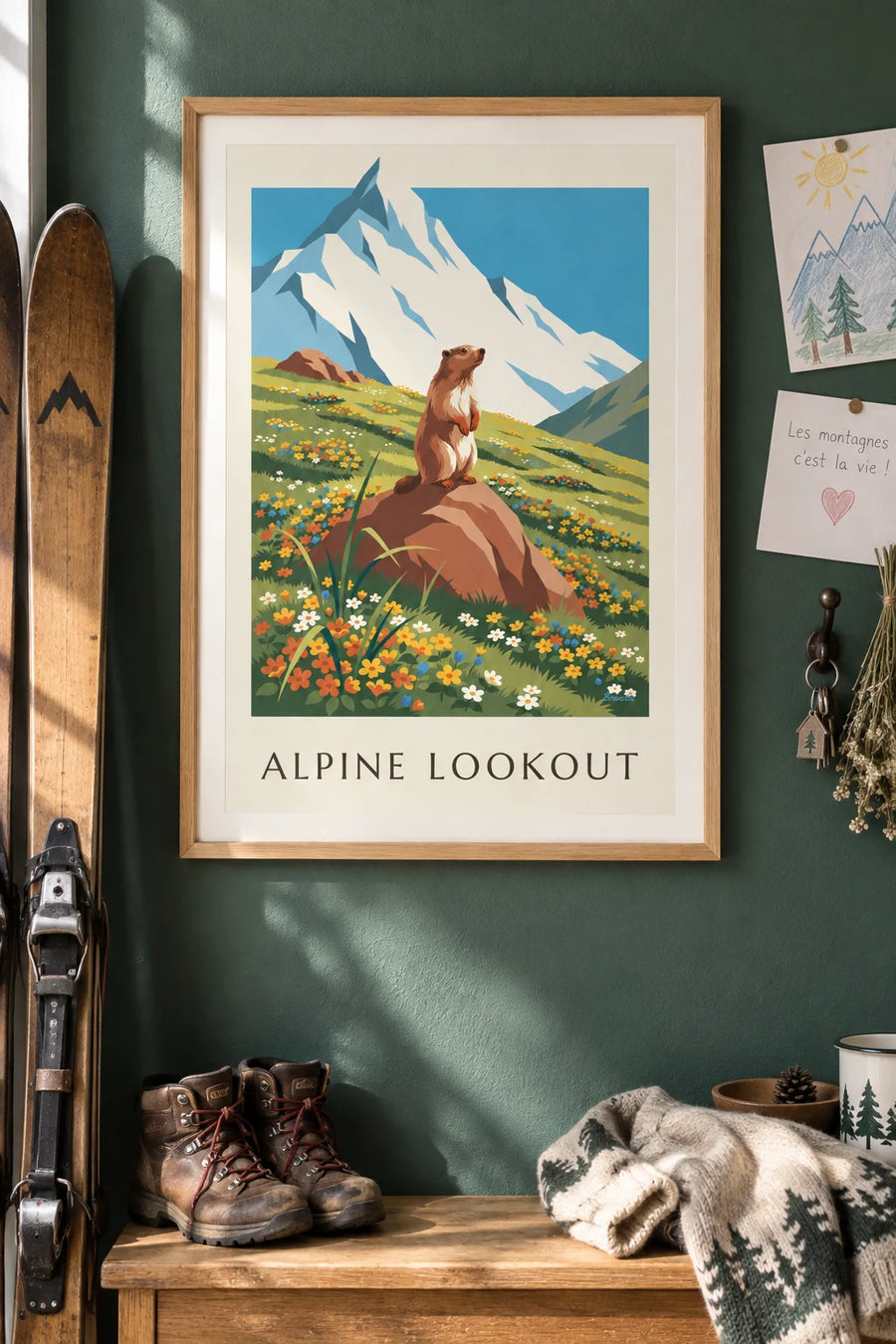 Affiche marmotte et paysage des Alpes en fleurs : encadrée au mur
