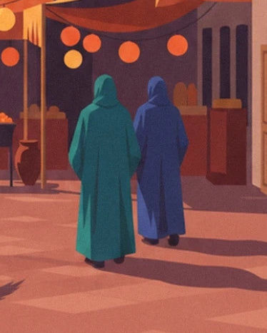 The 2 figures in green and blue hooded clothes beneath the market lanterns