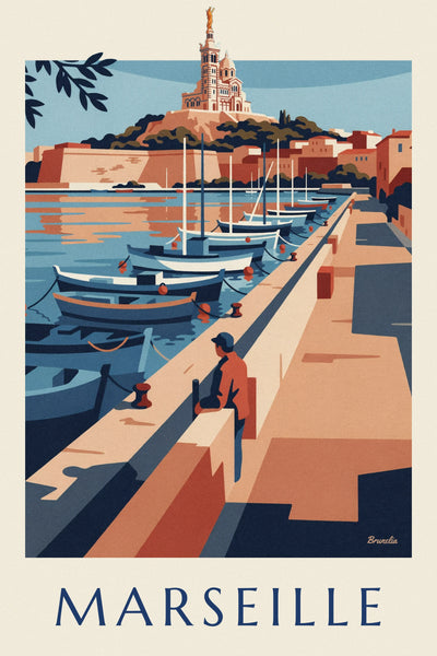 Affiche Notre-Dame de la Garde et barques du quai du Vieux-Port de Marseille : l'affiche entière