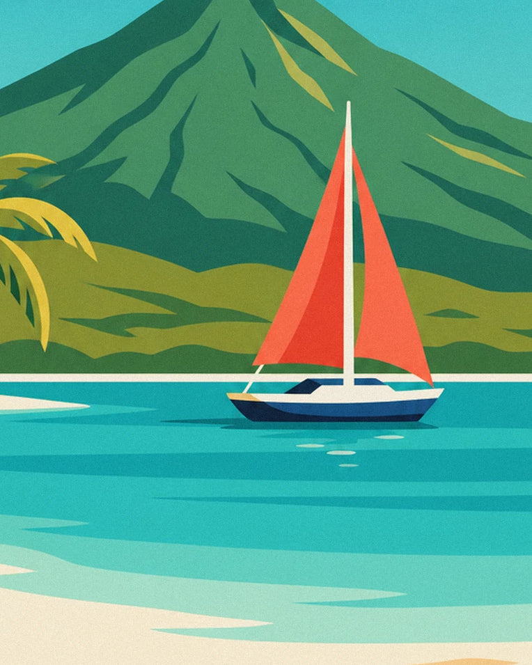 Affiche voilier dans une anse de Martinique et montagne Pelée : détail en gros plan
