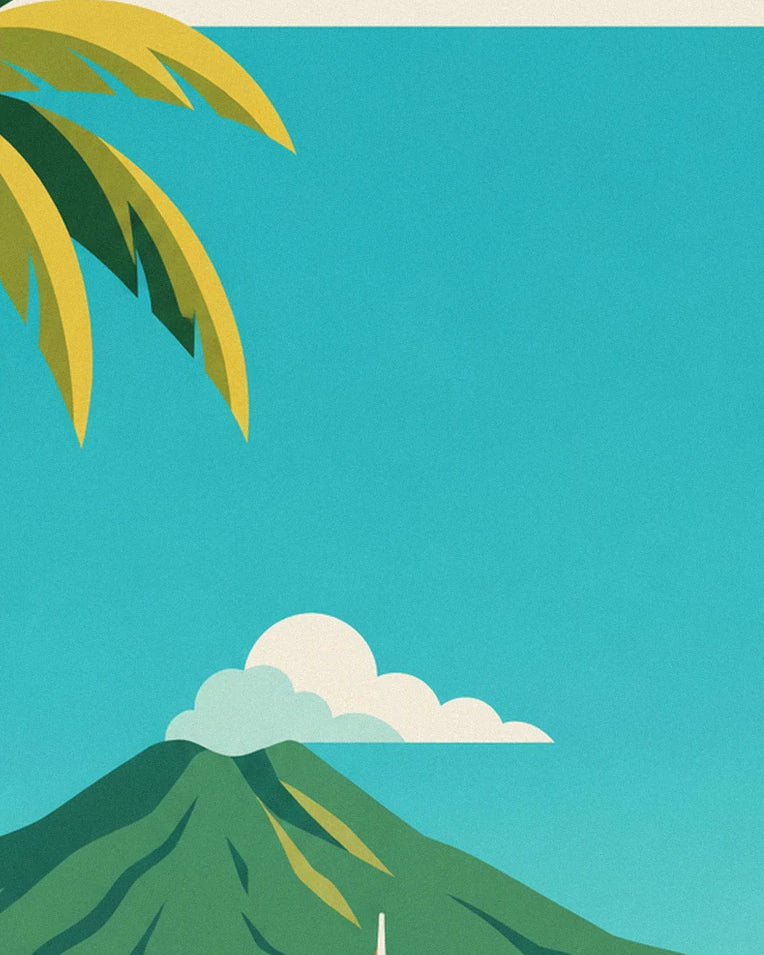 Affiche voilier dans une anse de Martinique et montagne Pelée : détail en gros plan