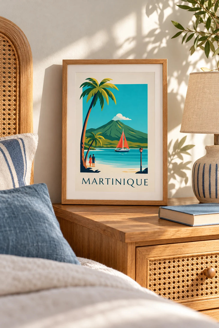Affiche voilier dans une anse de Martinique et montagne Pelée : petit format A4 encadré