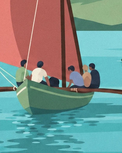 L’équipage de la yole verte sous la voile rouge, sur l’eau turquoise