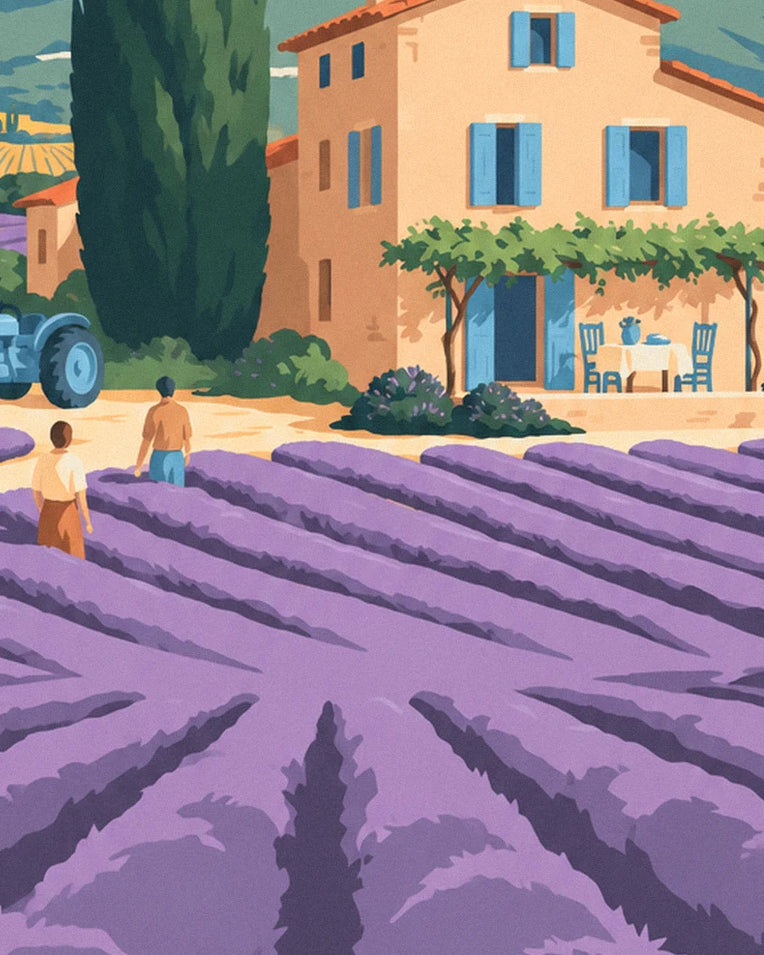 Poster mas provenzale tra i campi di lavanda: dettaglio in primo piano