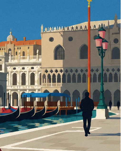 The palais des Doges, its pink lamp post and a passer-by in black on the square