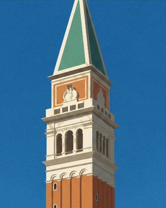 The Saint-Marc campanile, its green roof, orange brick tower and deep blue sky