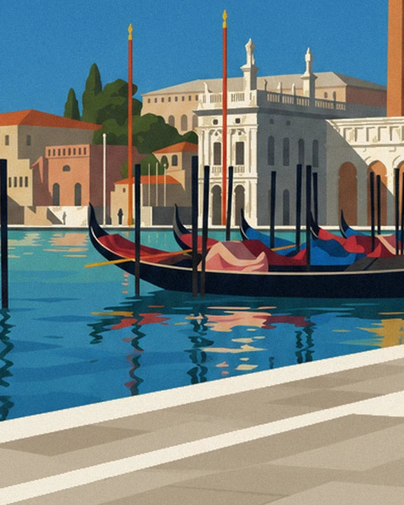 The black gondolas moored to poles, with red and blue reflections on the turquoise water