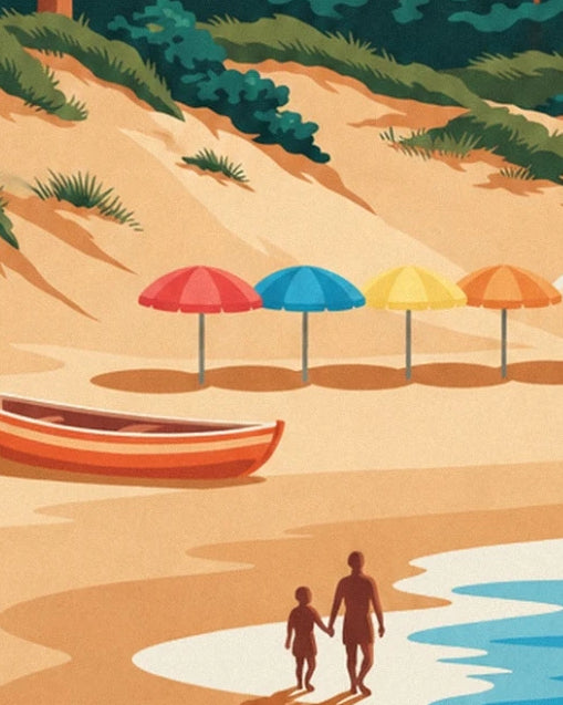 The 4 colourful parasols, the boat and the 2 figures by the water at Mimizan