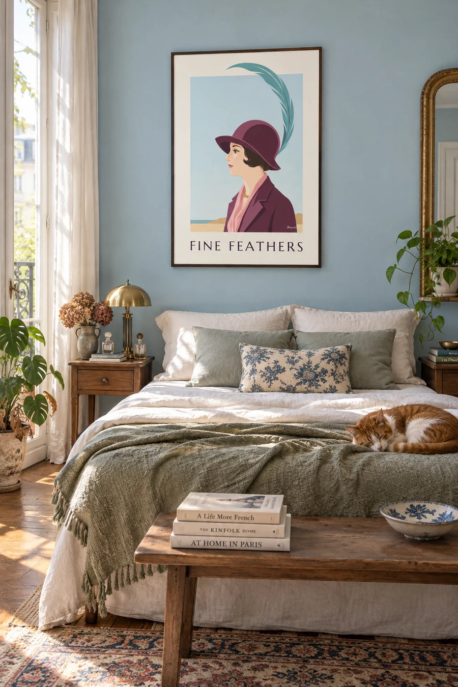 Poster of an elegant woman in a hat with a long feather: framed on the wall