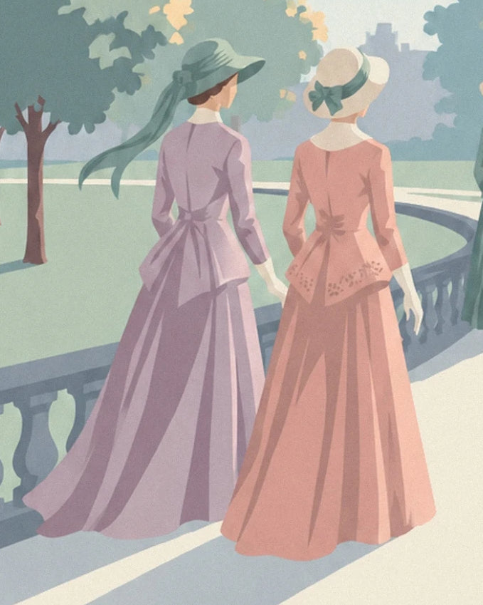 The 2 ladies in long mauve and pink dresses and hats beside the park balustrade