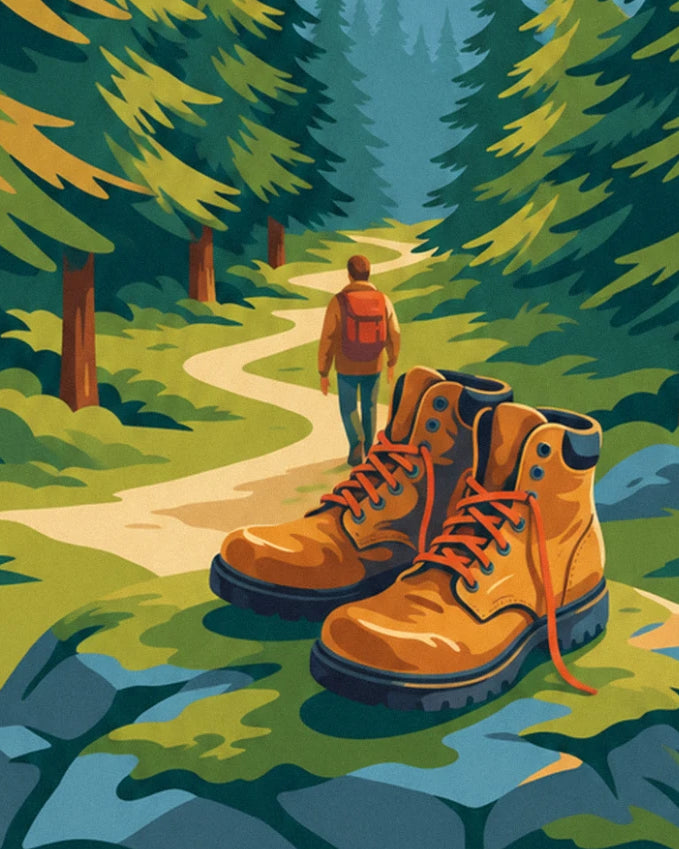 2 orange hiking boots and a walker with a red rucksack on the path