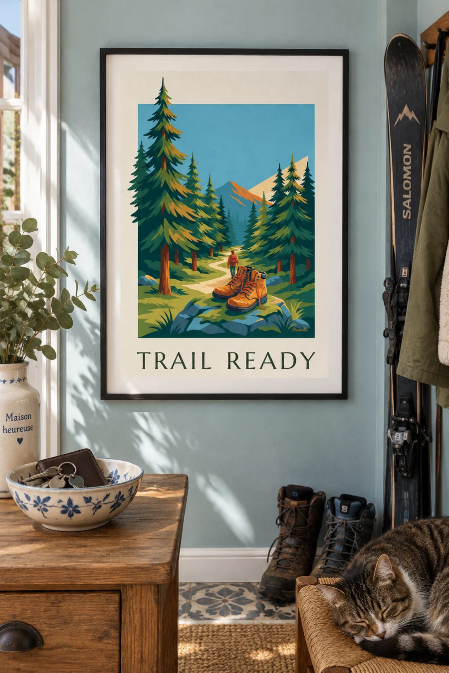 Poster of hiking boots on a mountain forest trail: framed on the wall