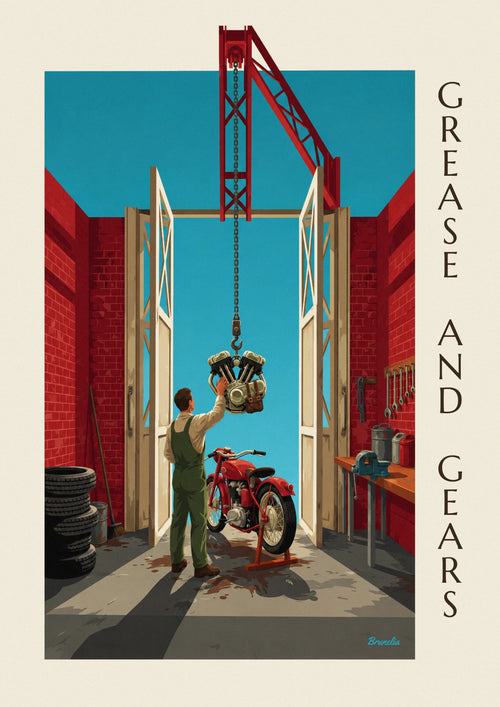 Affiche moto classique dans un atelier de mécanique en brique : l'affiche entière
