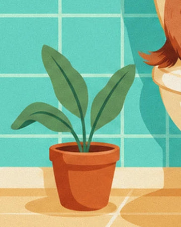 Green plant in a terracotta pot on the turquoise bathroom tiles