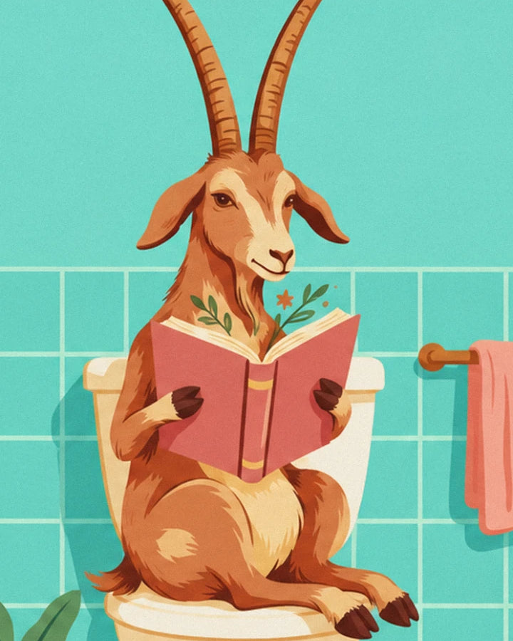 Long-horned goat sitting on the toilet with an open pink book