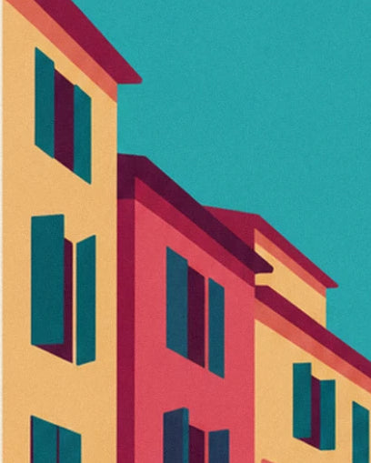 Ochre and coral-pink façades with teal shutters beneath a turquoise sky