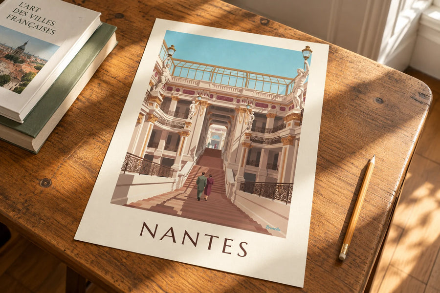 Poster Passage Pommeraye e le sue gallerie a Nantes: appoggiato su un tavolo